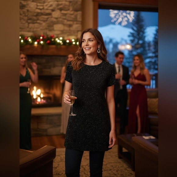 Hampton Nites - Black Mini Dress W/ Sparkles Through Out , Short Sleeve, Size 8 - Picture 11 of 11